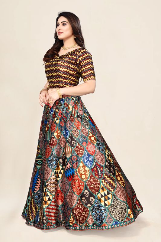 Ethnic Motifs Digital Print Shiney Satin Croptop Lehenga Choli With Blouse For Women and Girls