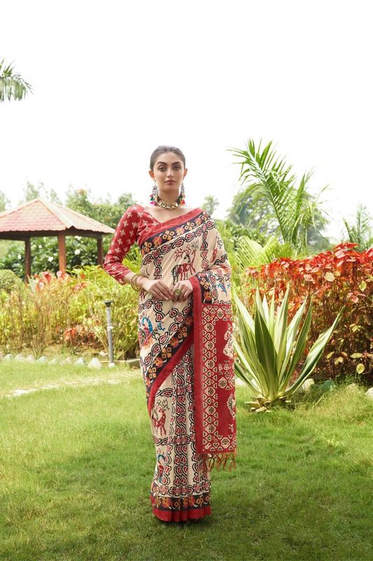 Maroon Designer Patola Printed Tussar Silk Saree