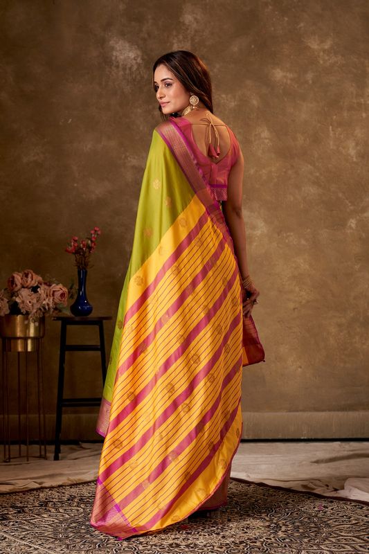 Light Green Cotton Striped Saree and Stitched Pink Blouse