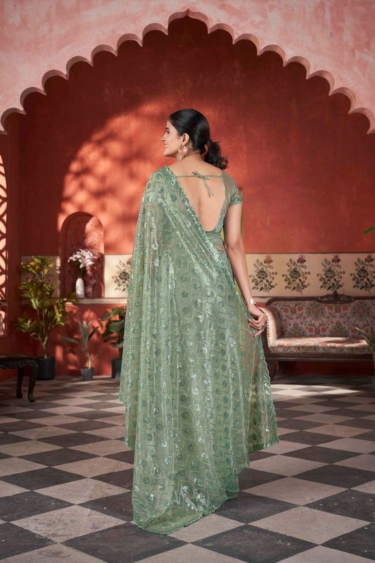 Pista Sequance & Thread & Pite Embroidery Work Tissue Net Saree