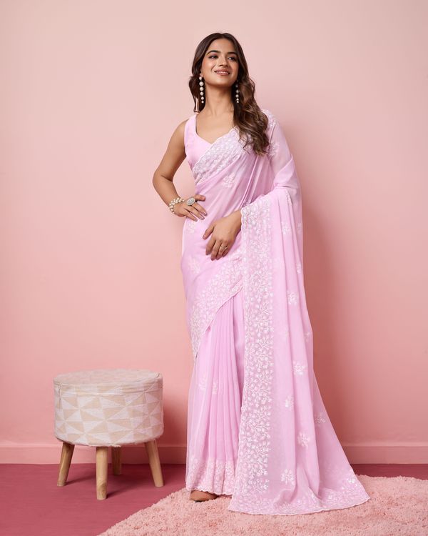 Purple Sequance Embroidery Work Tabby Silk Saree