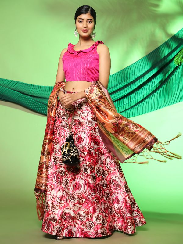 Digital Print Satin Silk Fabric Stitched Lehenga Choli With Jequared Blouse and Assami Silk Thread Work Dupatta For Women and Girls In Festive Party And Traditional Wear