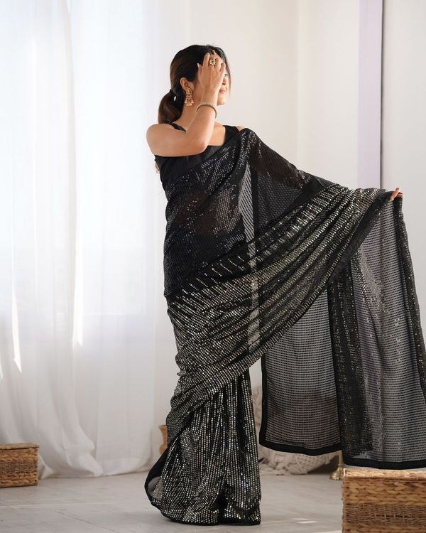 Black Designer Sequance Embroidery Work Georgette Saree