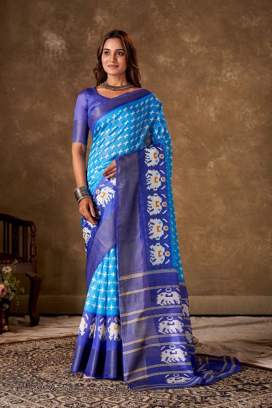 Sky Blue Cotton Printed Saree and Stitched Dark Blue Blouse