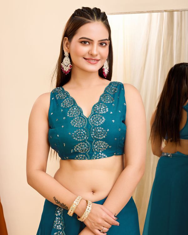 Teal Blue Designer Sequance Embroidery Work Georgette Saree