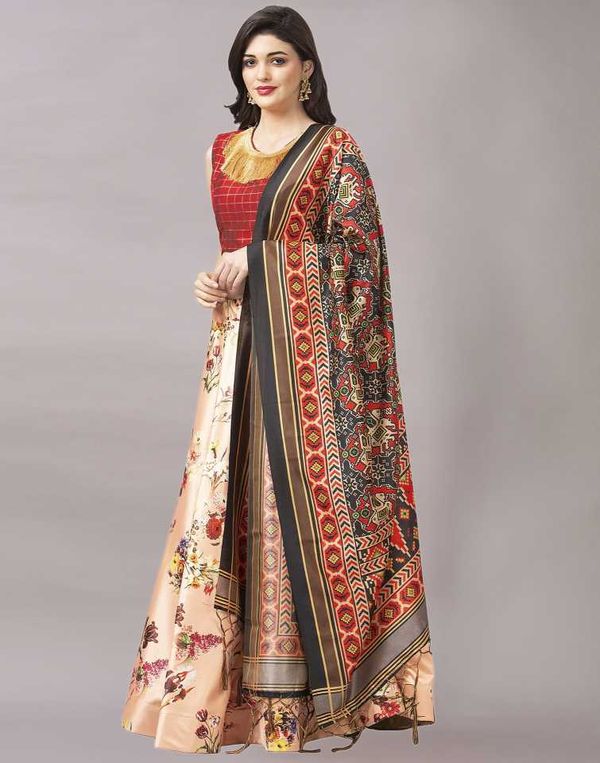Digital Print Satin Silk Fabric Stitched Lehenga Choli With Jequared Blouse and Assami Silk Thread Work Dupatta For Women and Girls In Festive Party And Traditional Wear