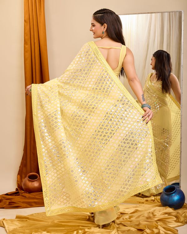 Yellow Designer Sequance Embroidery Work Georgette Saree
