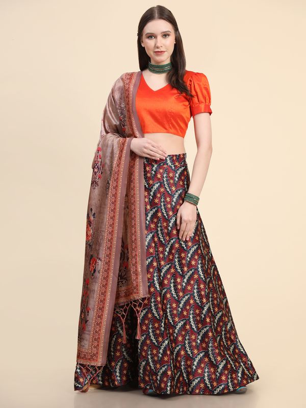 Digital Print Shiney Satin Stitched Lehenga Choli With Blouse and Sequnce Work Orgenza Dupatta For Women and Girls