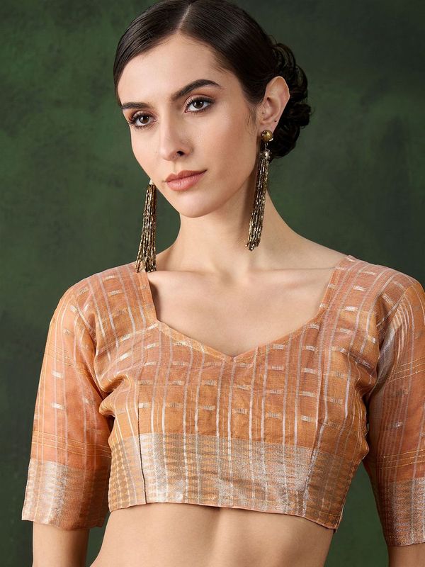 Peach Wevon Jacquard Designer Khadi Organza Saree