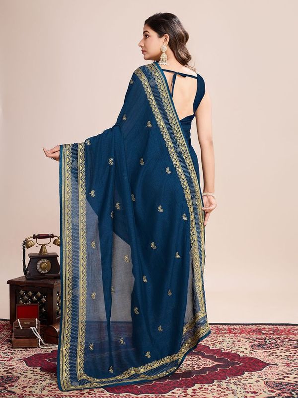 Teal Blue Designer Embroidery Work Vichitra Silk Saree