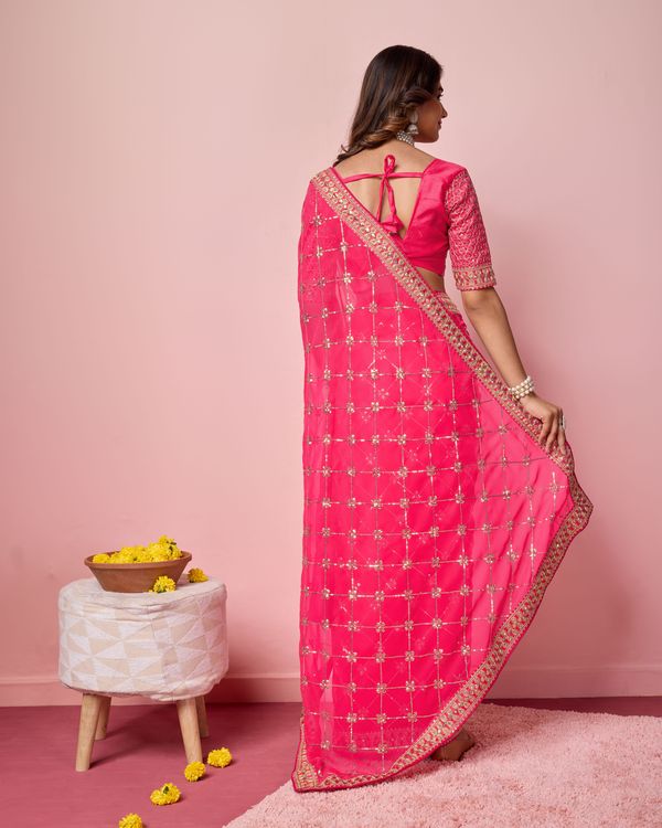 Pink Designer Coding & Sequance Embroidery Work Georgette Saree