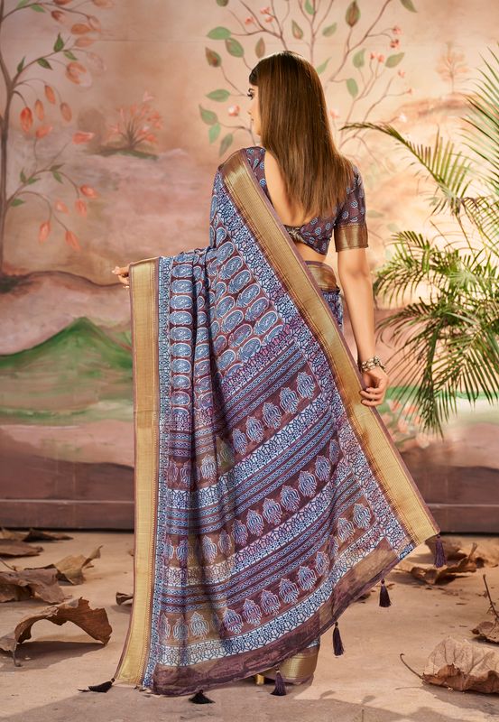 Purple Brown Wevon Border Designer With Printed Dolla Silk Saree