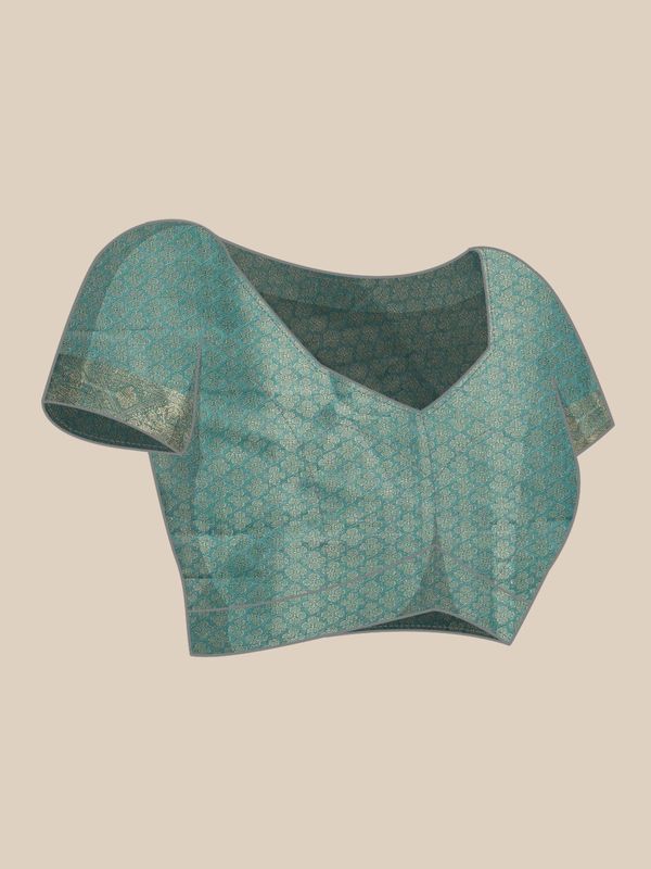 Teal Digital Printed Banarasi Cotton Zari Woven Saree