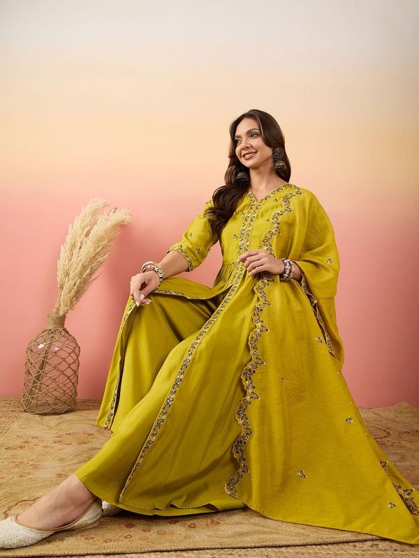 Yellow Color Beautiful Woven Silk Readymade Suit with Festive Thread Embroidery Work