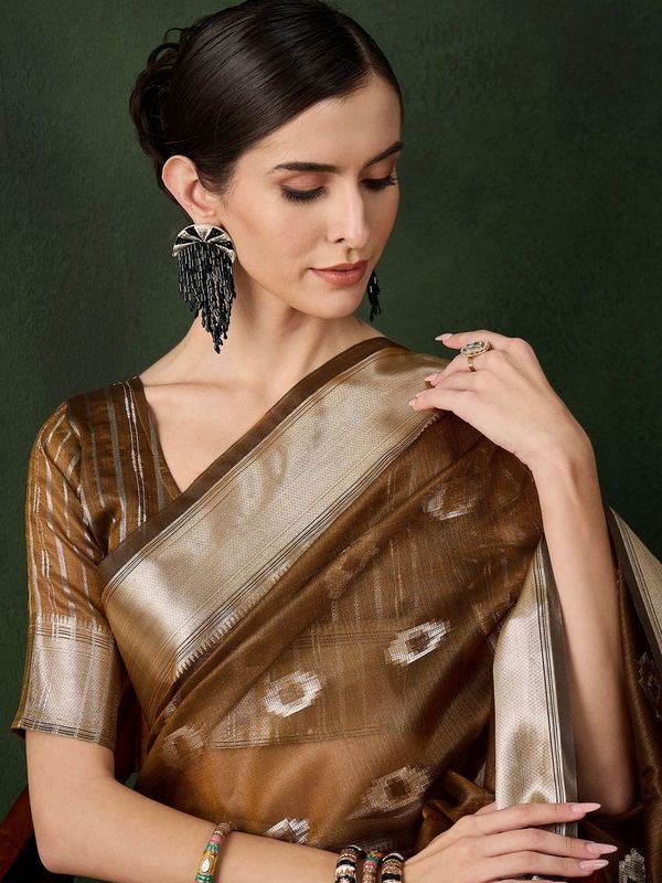 Mustard Wevon Jacquard Designer Khadi Organza Saree