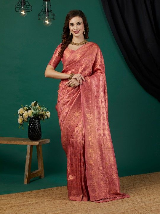 Peach Kanjeevaram Woven Saree With Tassels on Pallu and Stitched Peach Blouse