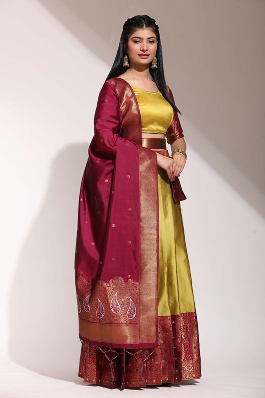Yellow Lichi Silk Jacquard Work Lehenga