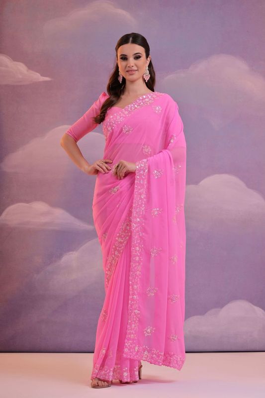 Pink Designer Sequance Embroidery Work Georgette Saree