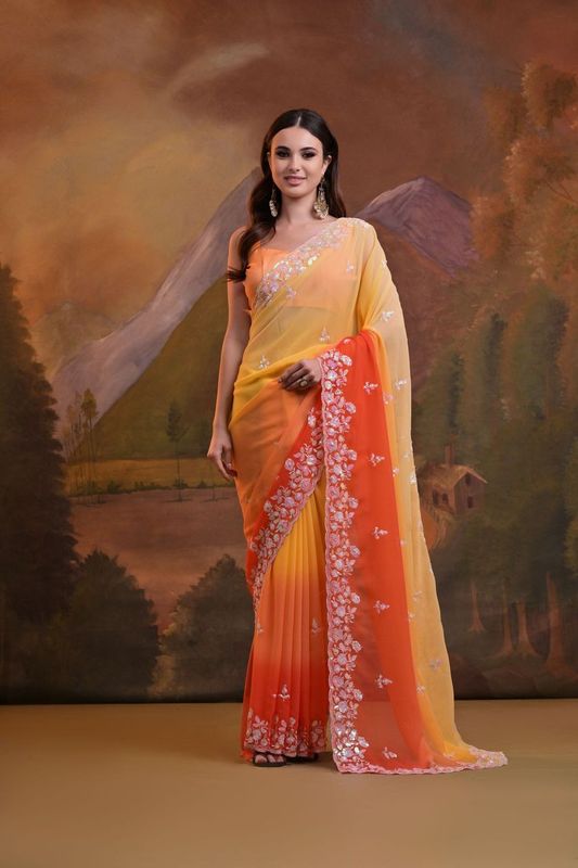 Yellow Pedding & Sequance Embroidery Work Georgette Saree
