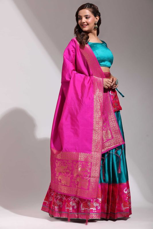 Navy Blue Lichi Silk Jacquard Weaving Work Lehenga