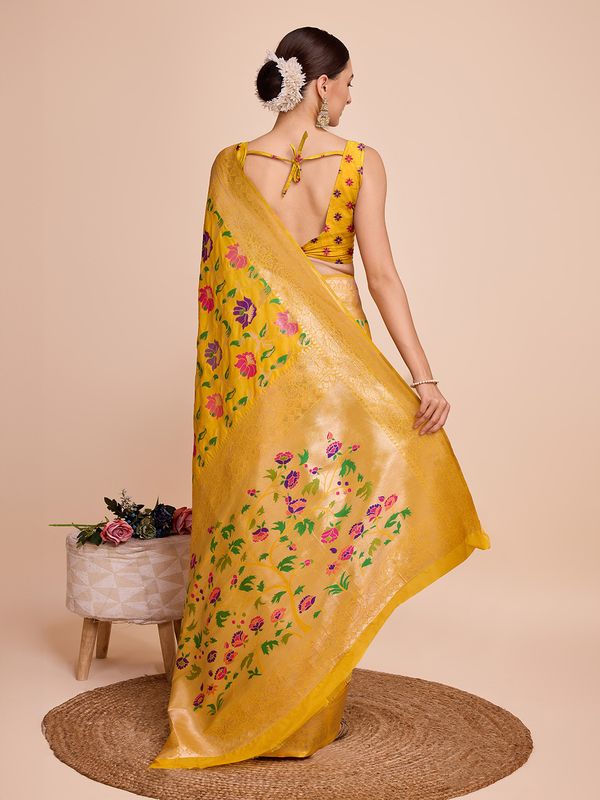 Yellow Weaving Meenakari Designer Paithani Silk Saree
