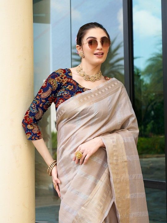 Brown Khadi Striped Saree and Stitched Multi Blouse