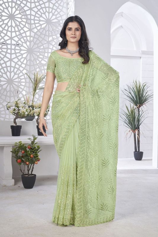 Green Multy Thread & Sequance Embroidery Cut Work Tissue Net Saree