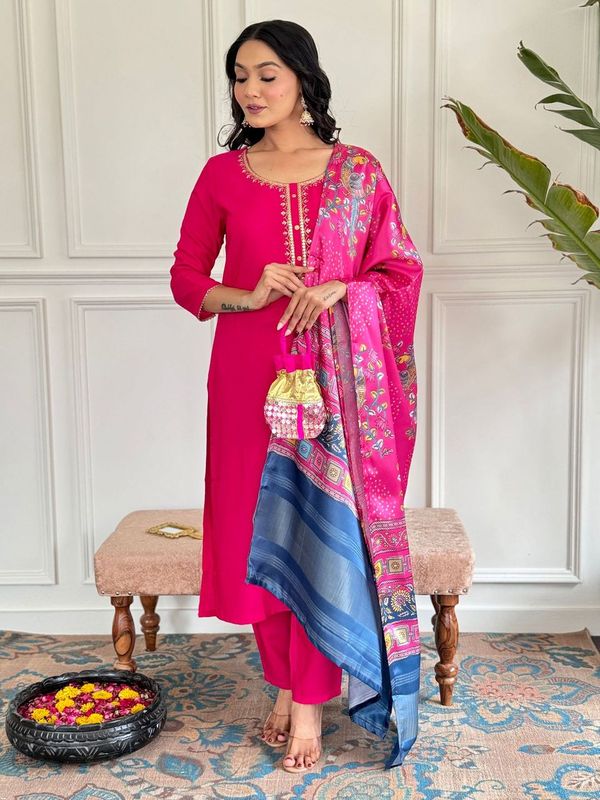 Women Embroidered Straight Kurta with Pant And Printed Dupatta Sets