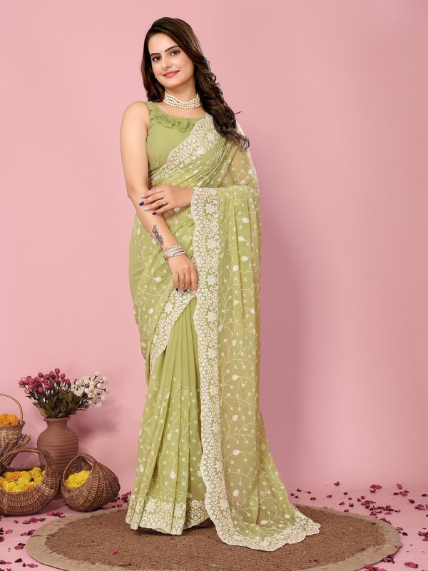 Khaki Thread & Sequance Embroidery Work Georgette Saree