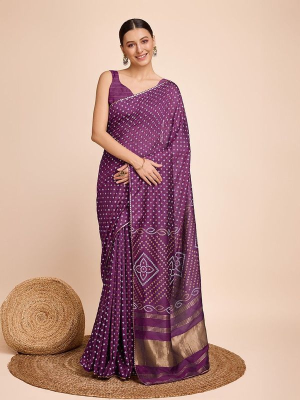 Purple Weaving Designer & Bandhani Printed Faux Cotton Saree