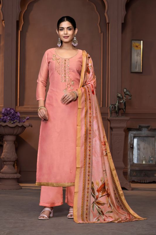 Rust Color Modal Fabric Designer Printed With Hand Work For Beautiful Ethnic Looks Designer Wedding Wear