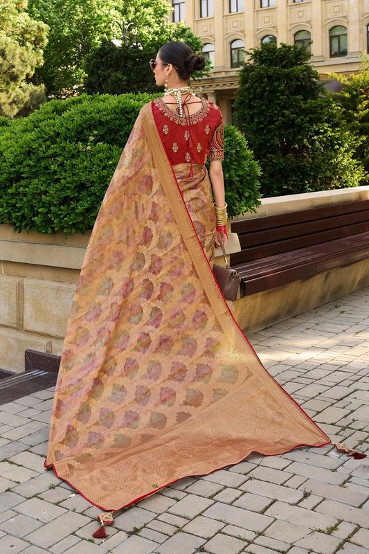 Rust Orange Wevon Designer & Embroidery Work Jacquard Silk Saree