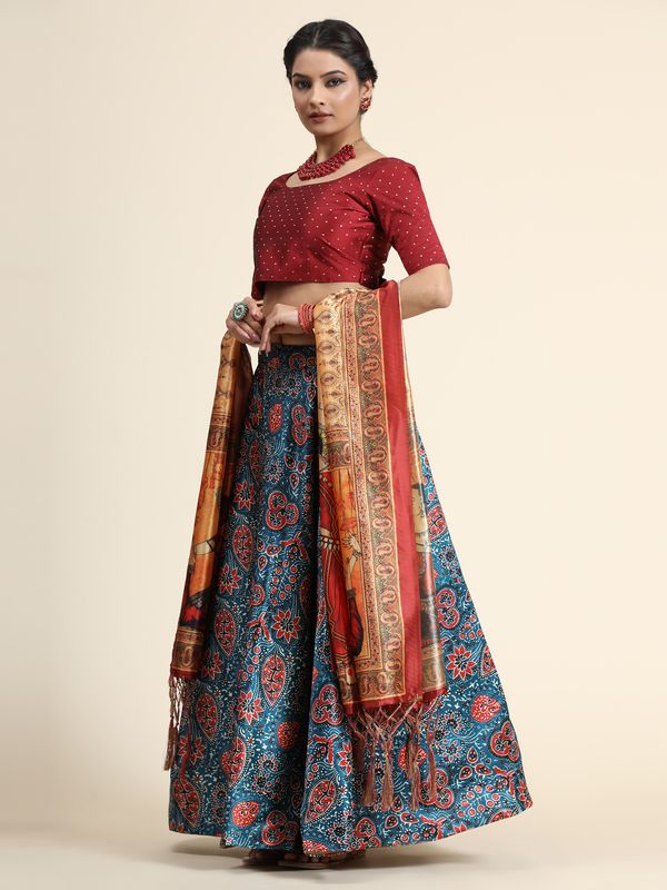 Digital Print Satin Silk Fabric Stitched Lehenga Choli With Jequared Blouse and Assami Silk Thread Work Dupatta For Women and Girls In Festive Party And Traditional Wear