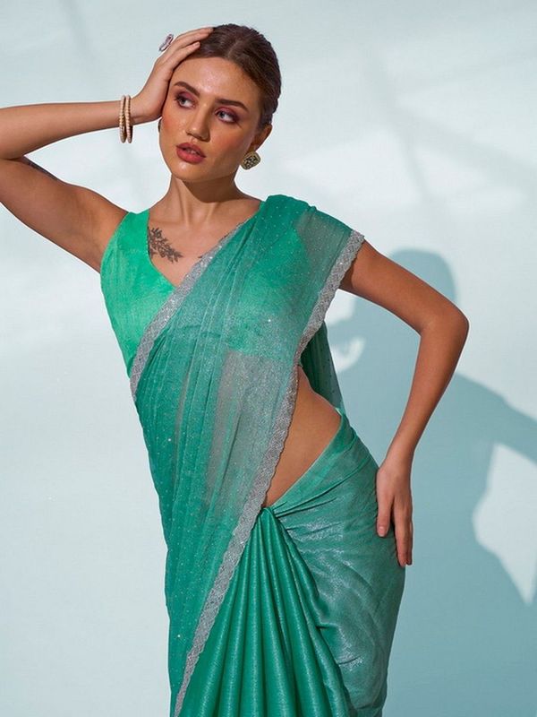 Glamorous Sea Green Color Chiffon Fabric Trendy Designer Bollywood Saree