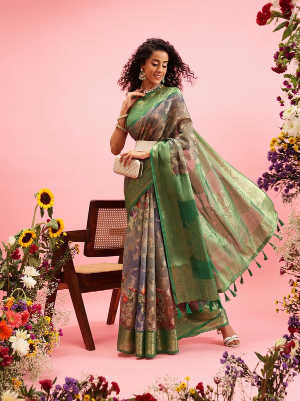Green Digital Printed Banarasi Cotton Zari Woven Saree