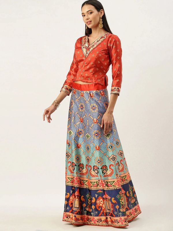 Ethnic Motifs Digital Print Shiney Satin Croptop Lehenga Choli With Blouse For Women and Girls