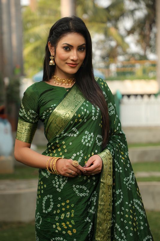Green Wevon Border Designer & Handmade Bandhej Printed Handloom Silk Saree