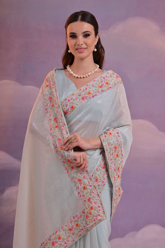Sky Blue Designer Sequance Embroidery Work Georgette Saree