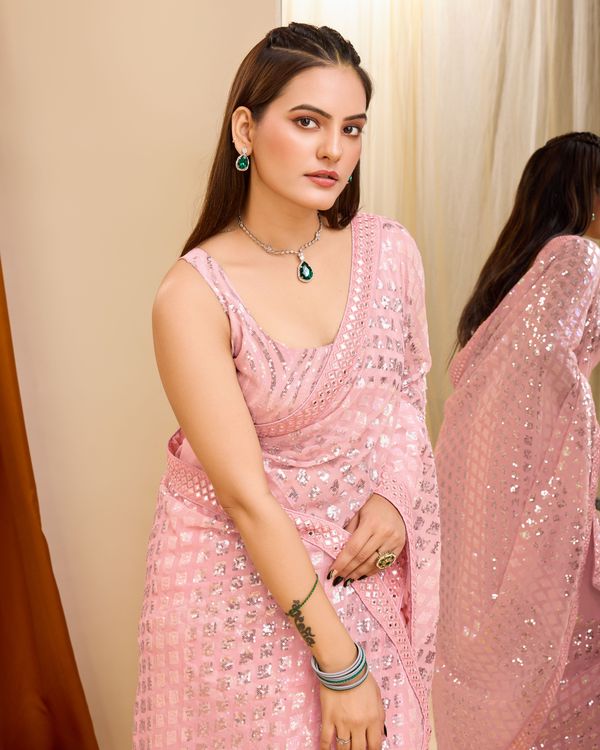 Pink Designer Sequance Embroidery Work Georgette Saree