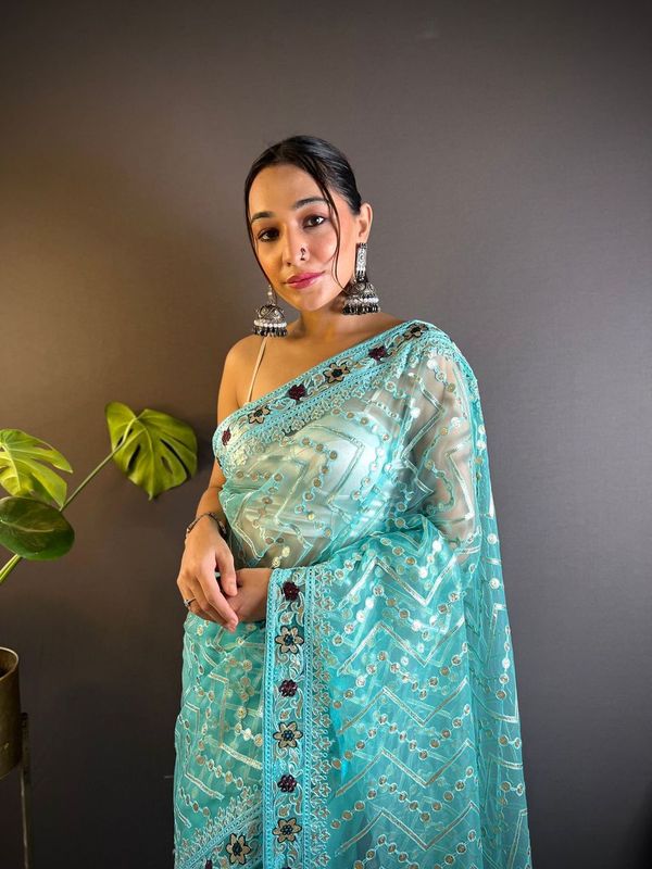 Blue Foil Thread Embroidery & Stone Work Butterfly Net Saree