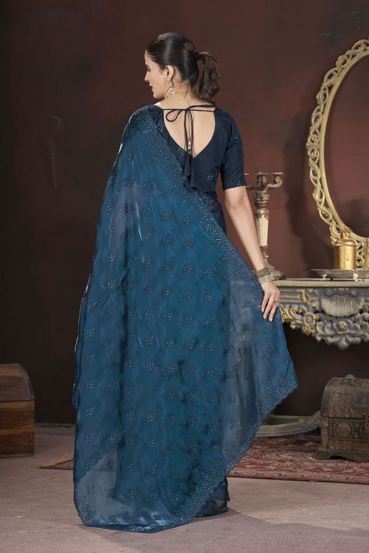 Teal Blue Sequance & Thread Embroidery Work Jimmy Choo Saree