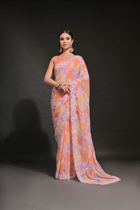 Orange Prizam Printed & C Pallu Embroidery Work Georgette Saree