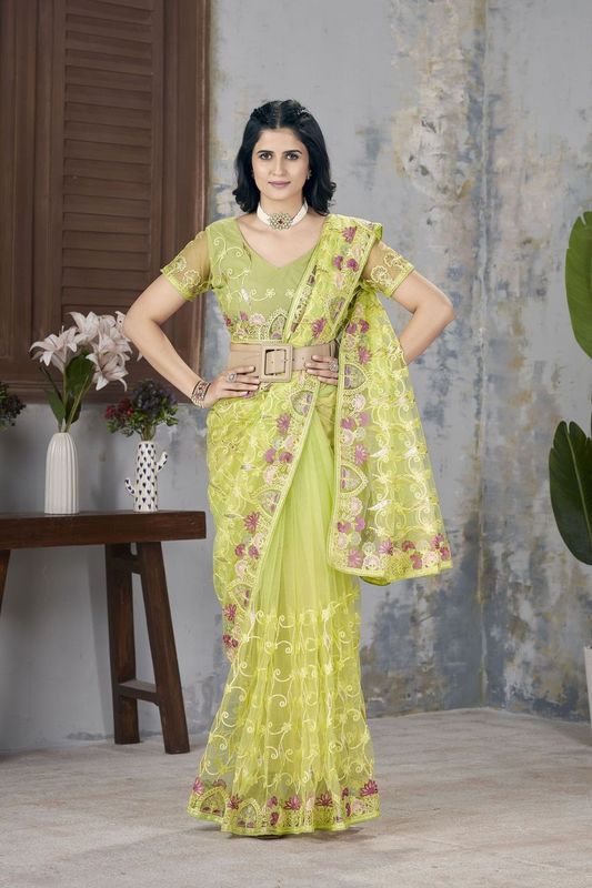 Green Foil Thread & Aari Dori Embroidery Work Butterfly Net Saree