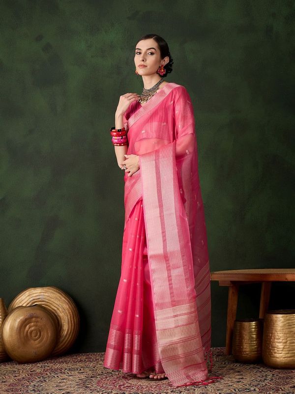 Pink Wevon Designer Khadi Organza Saree