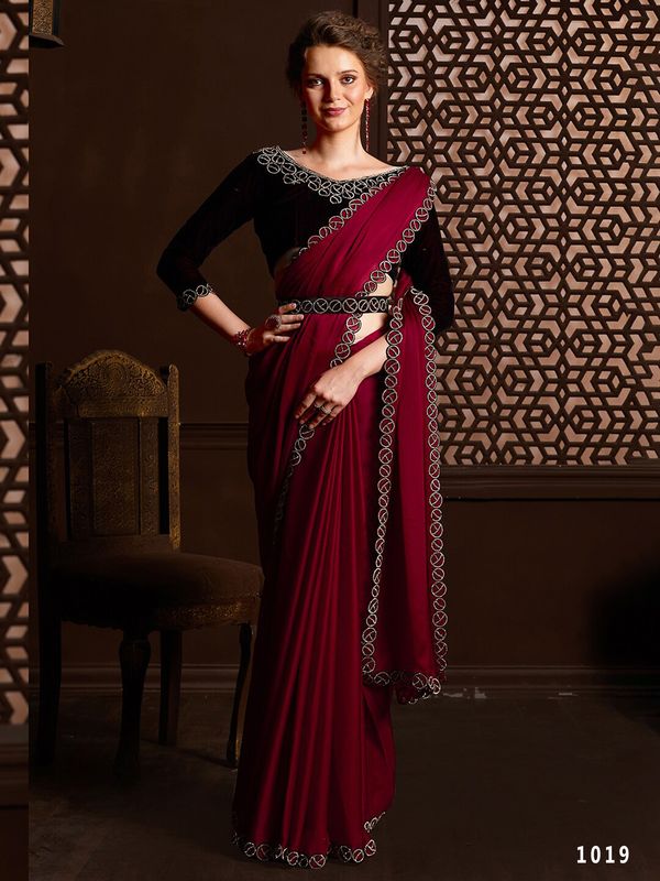 Maroon Stone Work Satin Chiffon Saree