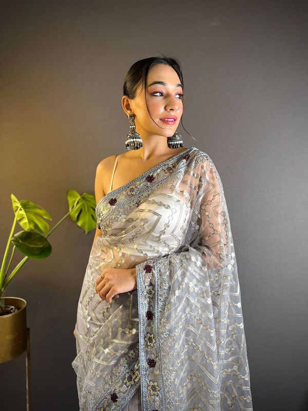 Grey Foil Thread Embroidery & Stone Work Butterfly Net Saree