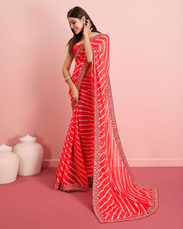 Red Laheriya Printed & Embroidery Work Lace Border Georgette Saree