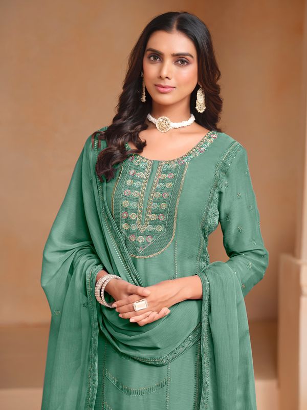 Green Organza Chiffon Designer Embroidery Work Heavy Looks Ceremonial Salwar Kameez