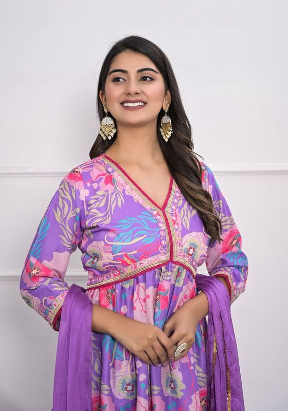 Purple Color Muslin Silk Fabric Designer Embroidery Work Salwar Kameez For Ceremonial Looks
