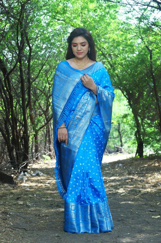Blue Wevon Jari Heavy Designer & Bandhej Work Kanjivaram Silk Saree